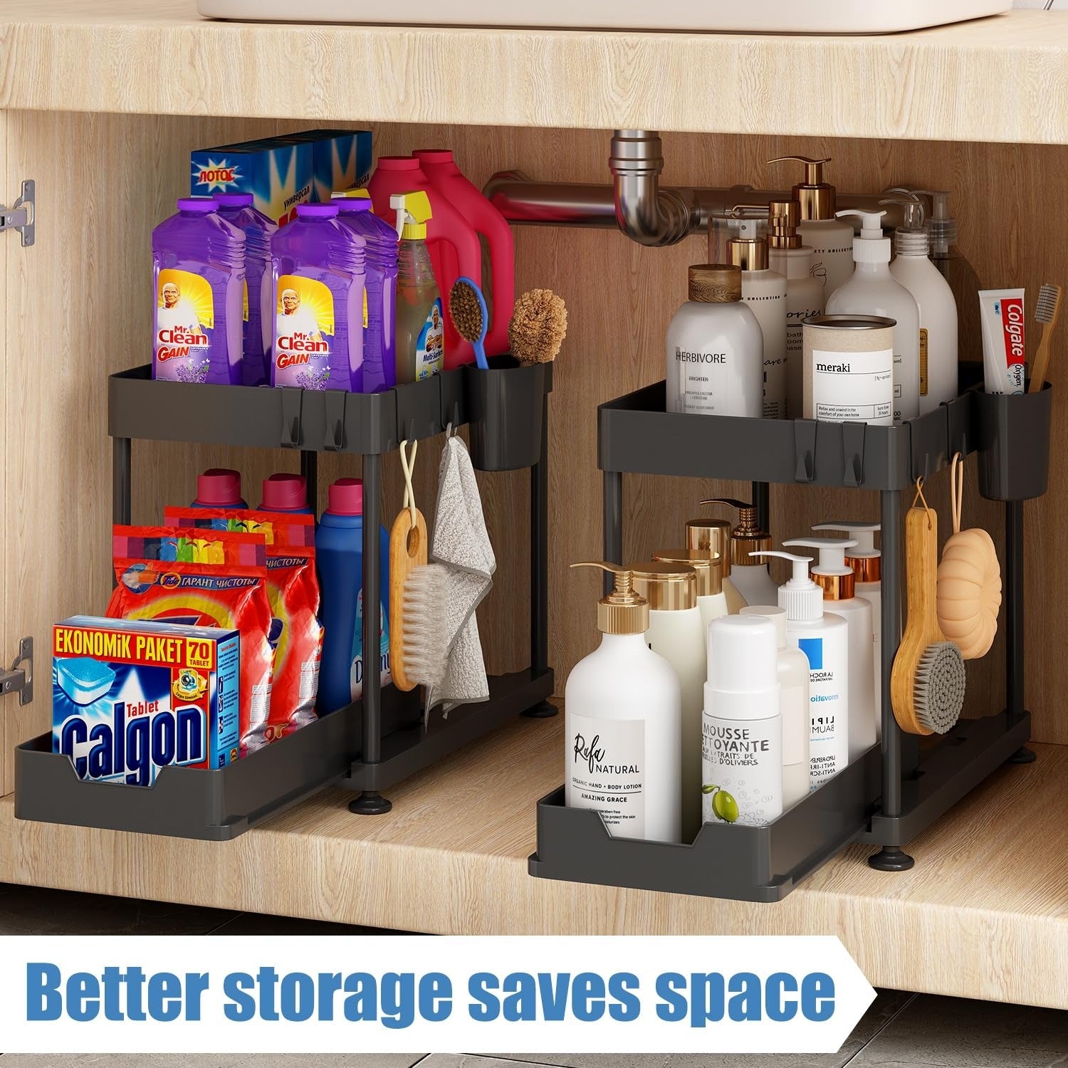 2 Tier Under Sink Organizer - Sliding Cabinet Rack for Kitchen and Bathroom