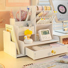 Wooden Desk Organizer with Drawer, Pen Holder - Student and Office Desktop Marker Stationery Storage Rack Box