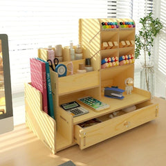 Wooden Desk Organizer with Drawer, Pen Holder - Student and Office Desktop Marker Stationery Storage Rack Box