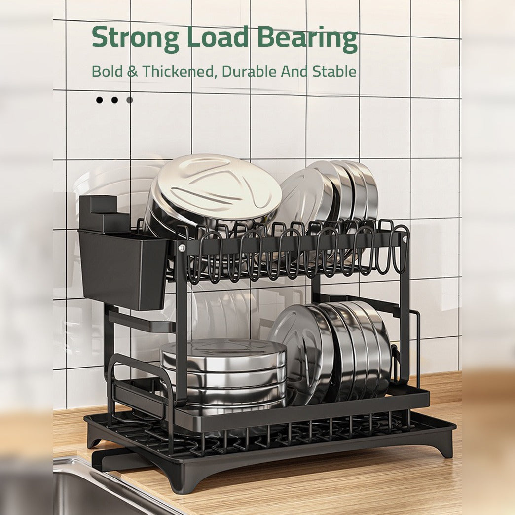 2 Tier Dish Drying Rack with Cutlery Holder, Cup Rack, Drainboard