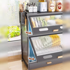Kitchen Storage Rack Cabinet - Countertop Cutlery and Dish Organizer with Drawer for Utensils, and Cookware