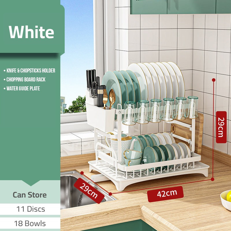 2 Tier Dish Drying Rack with Cutlery Holder, Cup Rack, Drainboard