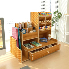 Wooden Desk Organizer with Drawer, Pen Holder - Student and Office Desktop Marker Stationery Storage Rack Box