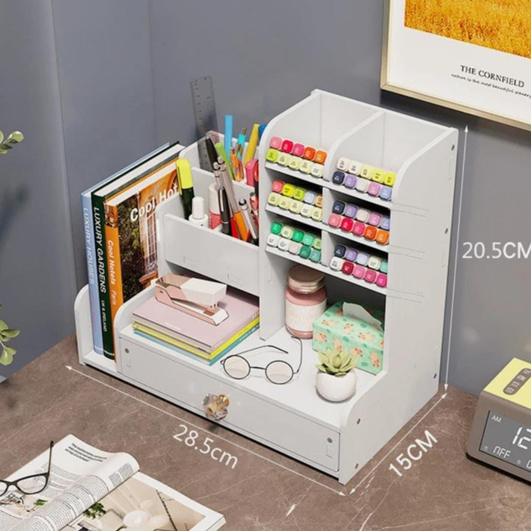 Wooden Desk Organizer with Drawer, Pen Holder - Student and Office Desktop Marker Stationery Storage Rack Box